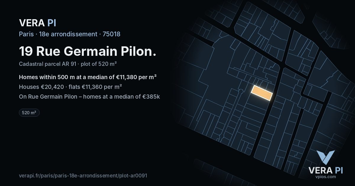 19 Rue Germain Pilon, 18e arrondissement at night – the plot lit, the parcels around coloured by the prices near them