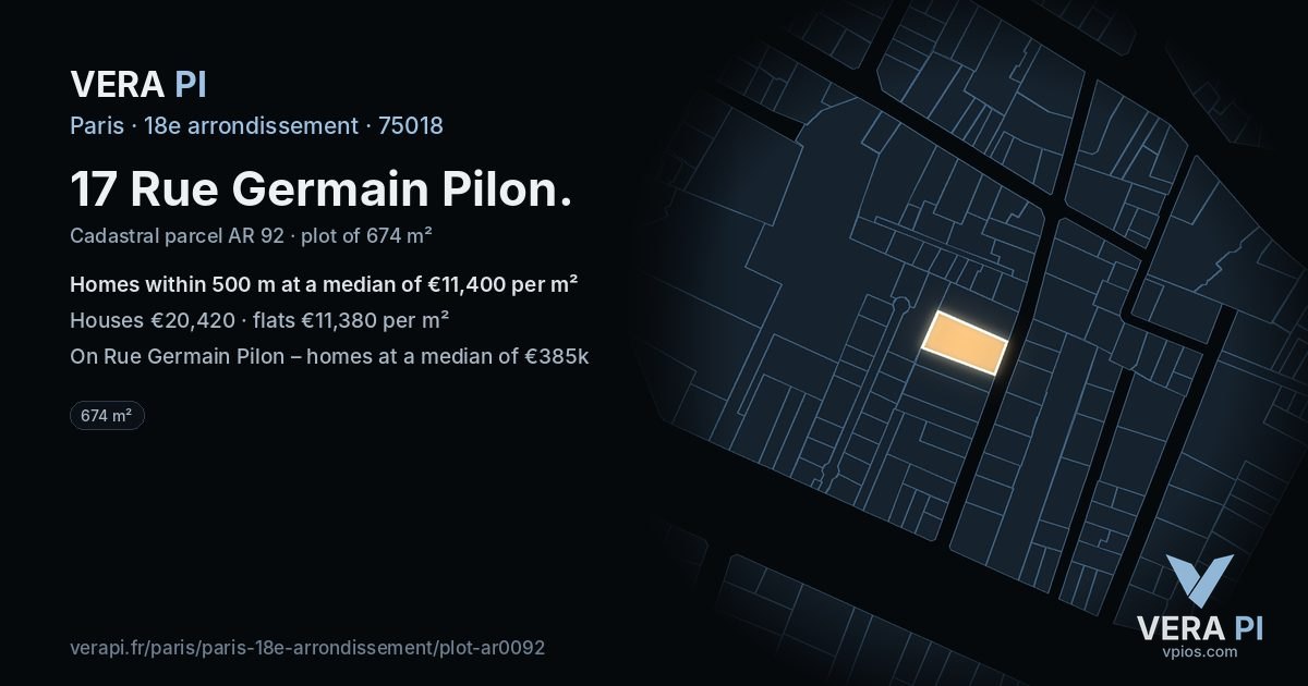 17 Rue Germain Pilon, 18e arrondissement at night – the plot lit, the parcels around coloured by the prices near them