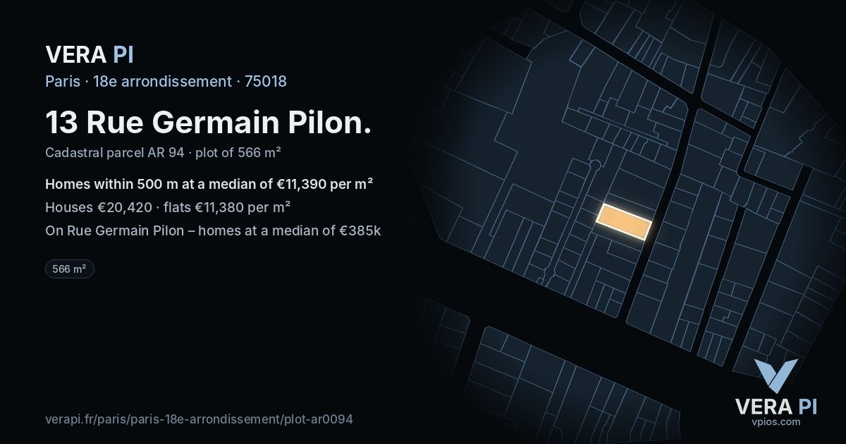13 Rue Germain Pilon, 18e arrondissement at night – the plot lit, the parcels around coloured by the prices near them