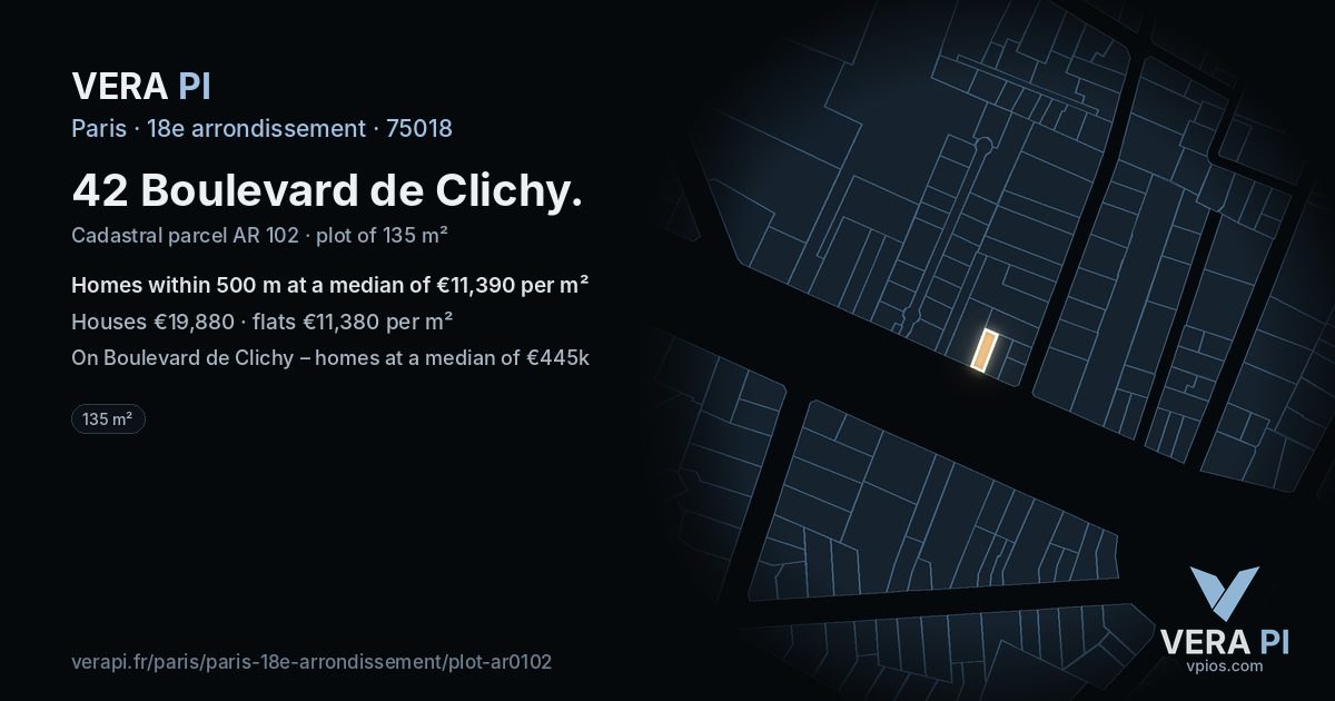 42 Boulevard de Clichy, 18e arrondissement at night – the plot lit, the parcels around coloured by the prices near them