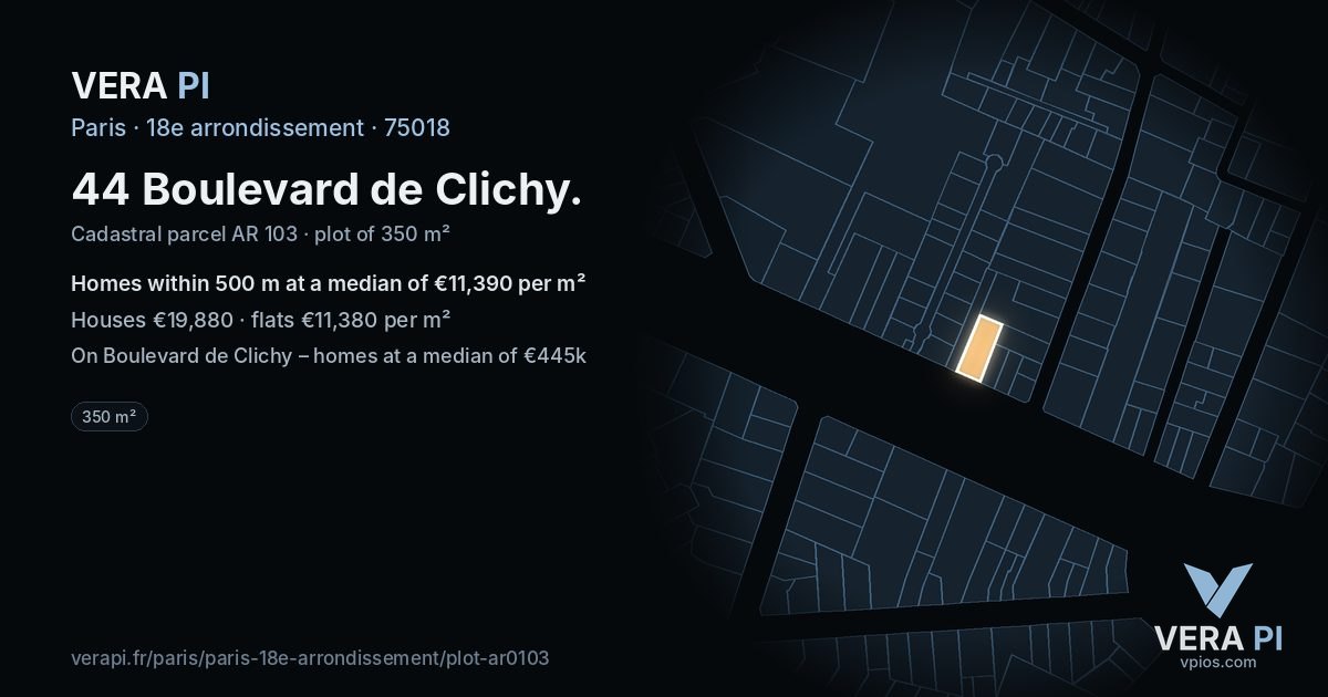 44 Boulevard de Clichy, 18e arrondissement at night – the plot lit, the parcels around coloured by the prices near them