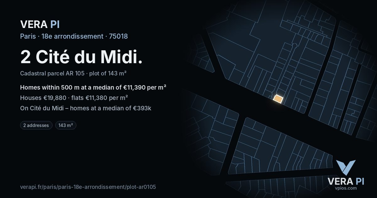 2 Cité du Midi, 18e arrondissement at night – the plot lit, the parcels around coloured by the prices near them