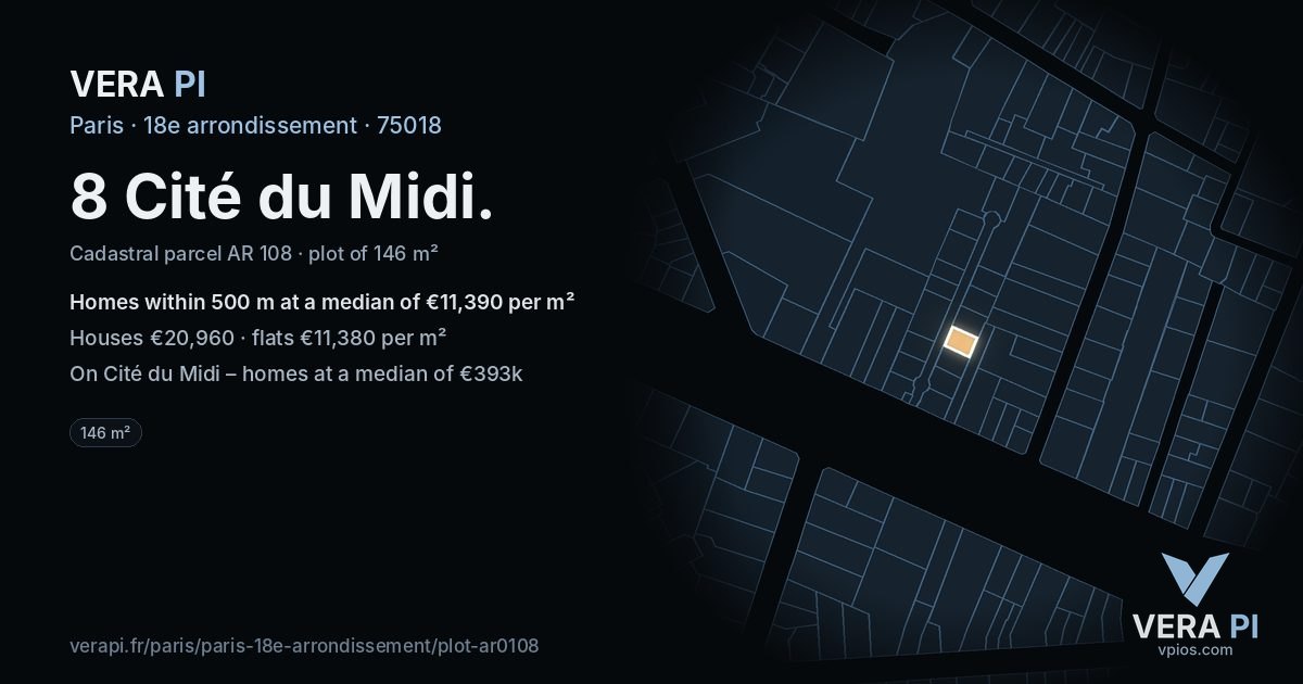 8 Cité du Midi, 18e arrondissement at night – the plot lit, the parcels around coloured by the prices near them