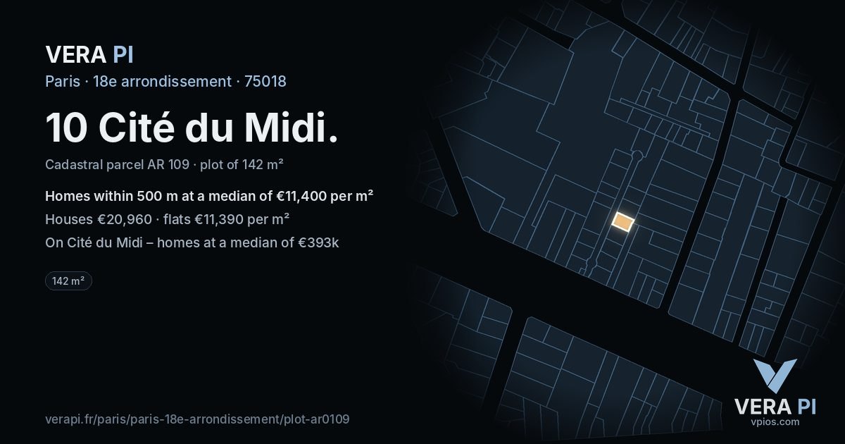 10 Cité du Midi, 18e arrondissement at night – the plot lit, the parcels around coloured by the prices near them