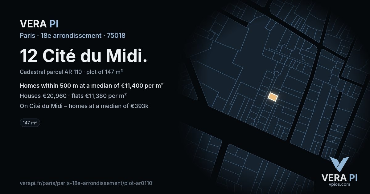 12 Cité du Midi, 18e arrondissement at night – the plot lit, the parcels around coloured by the prices near them