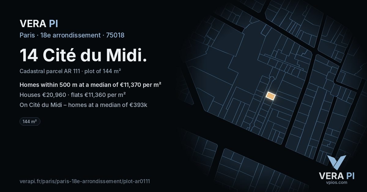14 Cité du Midi, 18e arrondissement at night – the plot lit, the parcels around coloured by the prices near them