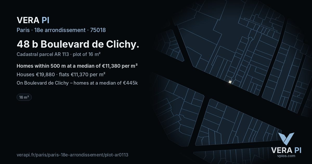48 b Boulevard de Clichy, 18e arrondissement at night – the plot lit, the parcels around coloured by the prices near them