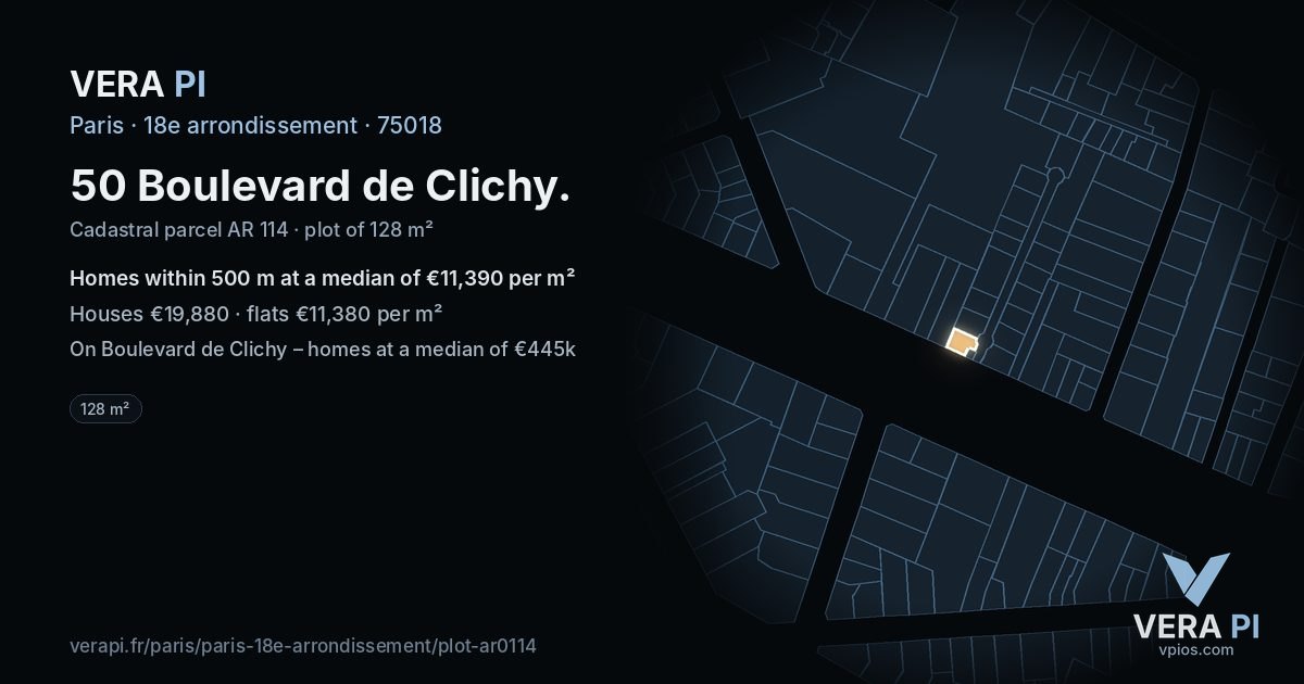 50 Boulevard de Clichy, 18e arrondissement at night – the plot lit, the parcels around coloured by the prices near them