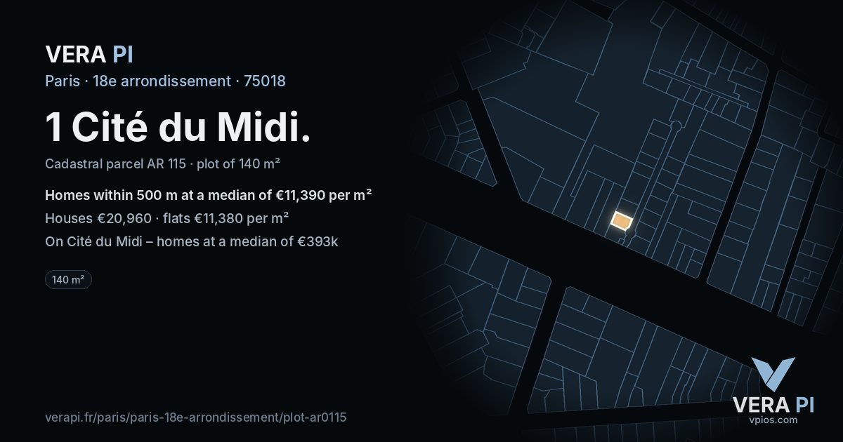 1 Cité du Midi, 18e arrondissement at night – the plot lit, the parcels around coloured by the prices near them