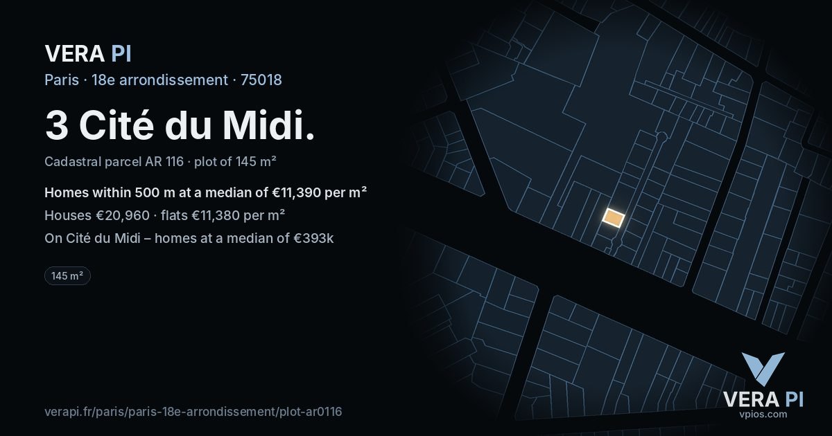 3 Cité du Midi, 18e arrondissement at night – the plot lit, the parcels around coloured by the prices near them