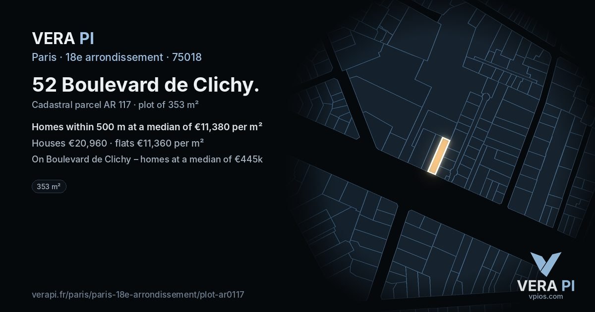 52 Boulevard de Clichy, 18e arrondissement at night – the plot lit, the parcels around coloured by the prices near them