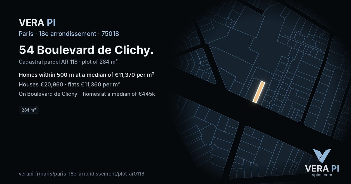 54 Boulevard de Clichy, 18e arrondissement at night – the plot lit, the parcels around coloured by the prices near them