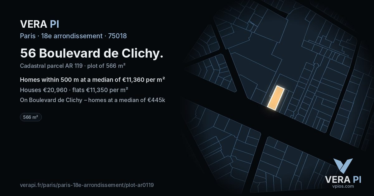 56 Boulevard de Clichy, 18e arrondissement at night – the plot lit, the parcels around coloured by the prices near them