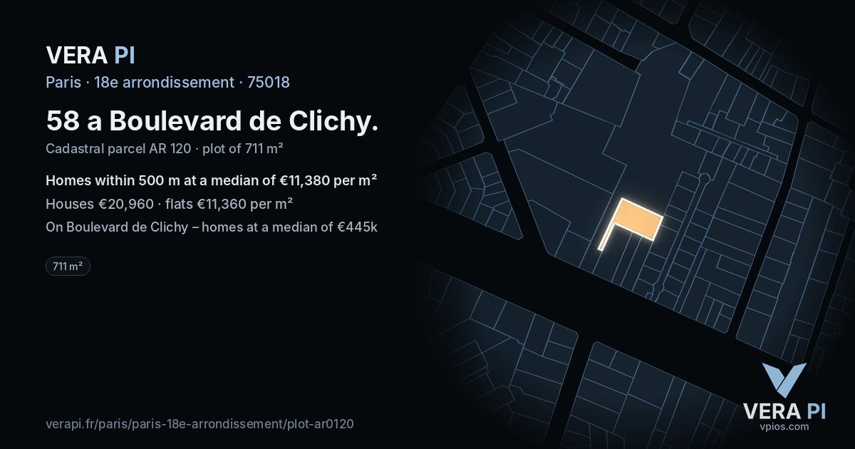 58 a Boulevard de Clichy, 18e arrondissement at night – the plot lit, the parcels around coloured by the prices near them