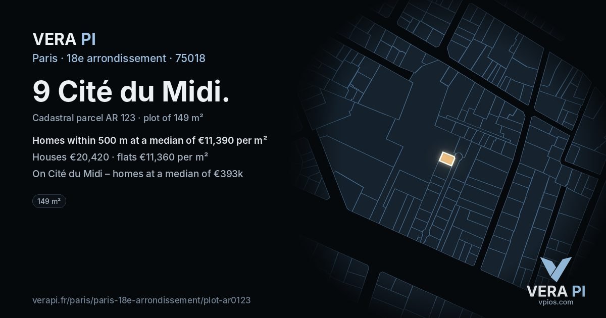 9 Cité du Midi, 18e arrondissement at night – the plot lit, the parcels around coloured by the prices near them