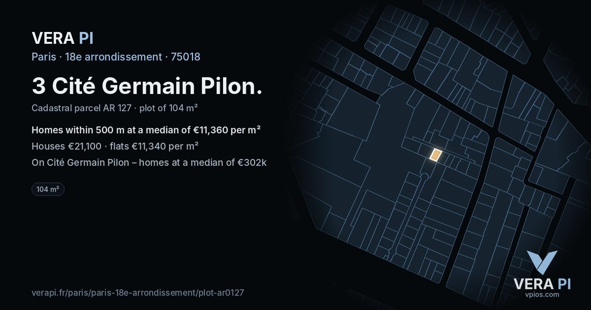 3 Cité Germain Pilon, 18e arrondissement at night – the plot lit, the parcels around coloured by the prices near them