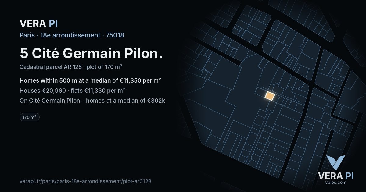 5 Cité Germain Pilon, 18e arrondissement at night – the plot lit, the parcels around coloured by the prices near them