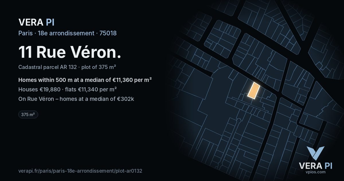11 Rue Véron, 18e arrondissement at night – the plot lit, the parcels around coloured by the prices near them