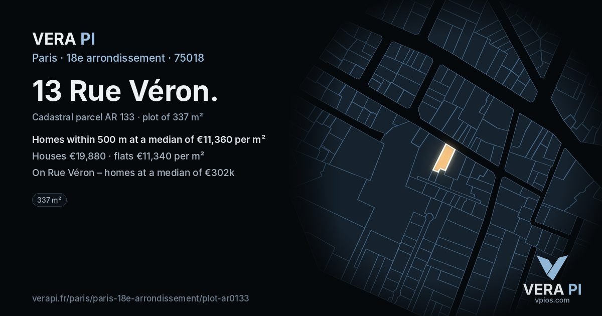 13 Rue Véron, 18e arrondissement at night – the plot lit, the parcels around coloured by the prices near them