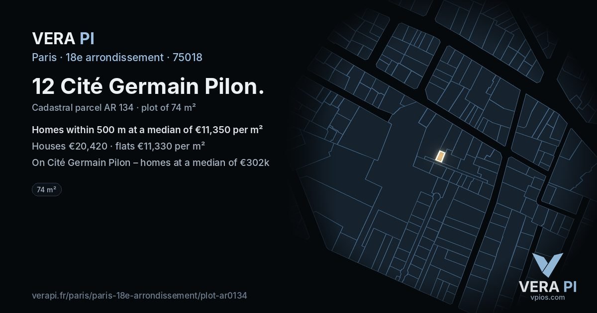 12 Cité Germain Pilon, 18e arrondissement at night – the plot lit, the parcels around coloured by the prices near them