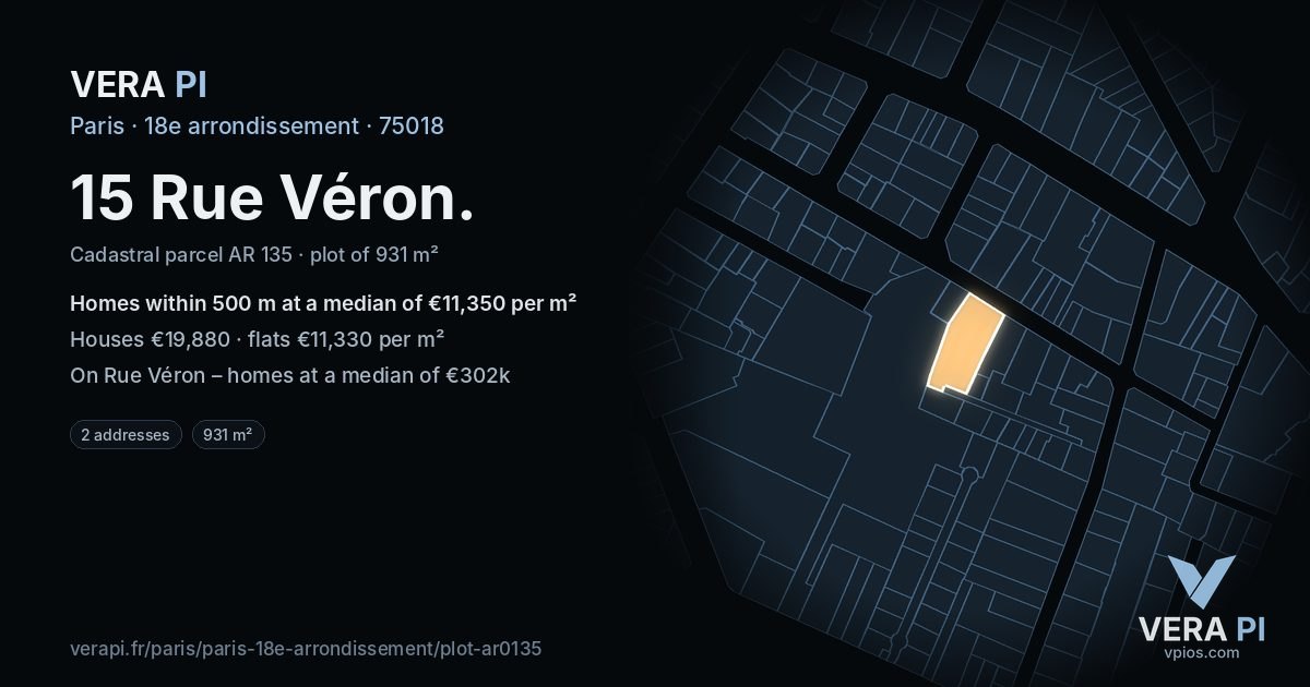 15 Rue Véron, 18e arrondissement at night – the plot lit, the parcels around coloured by the prices near them