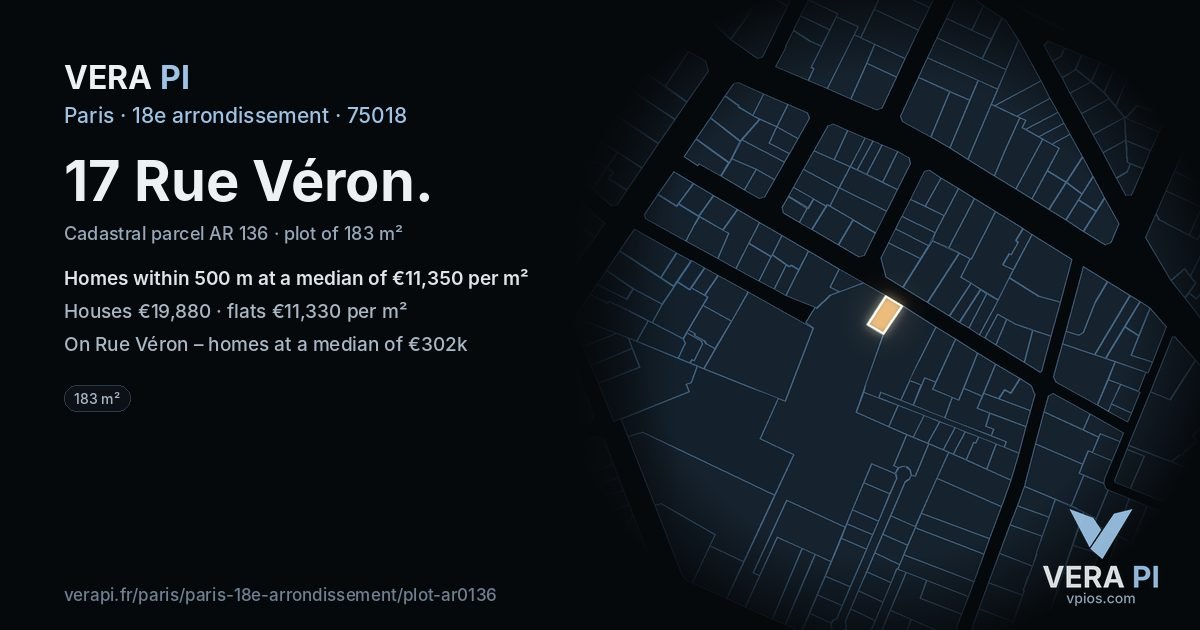 17 Rue Véron, 18e arrondissement at night – the plot lit, the parcels around coloured by the prices near them