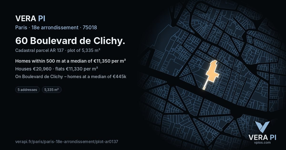 60 Boulevard de Clichy, 18e arrondissement at night – the plot lit, the parcels around coloured by the prices near them