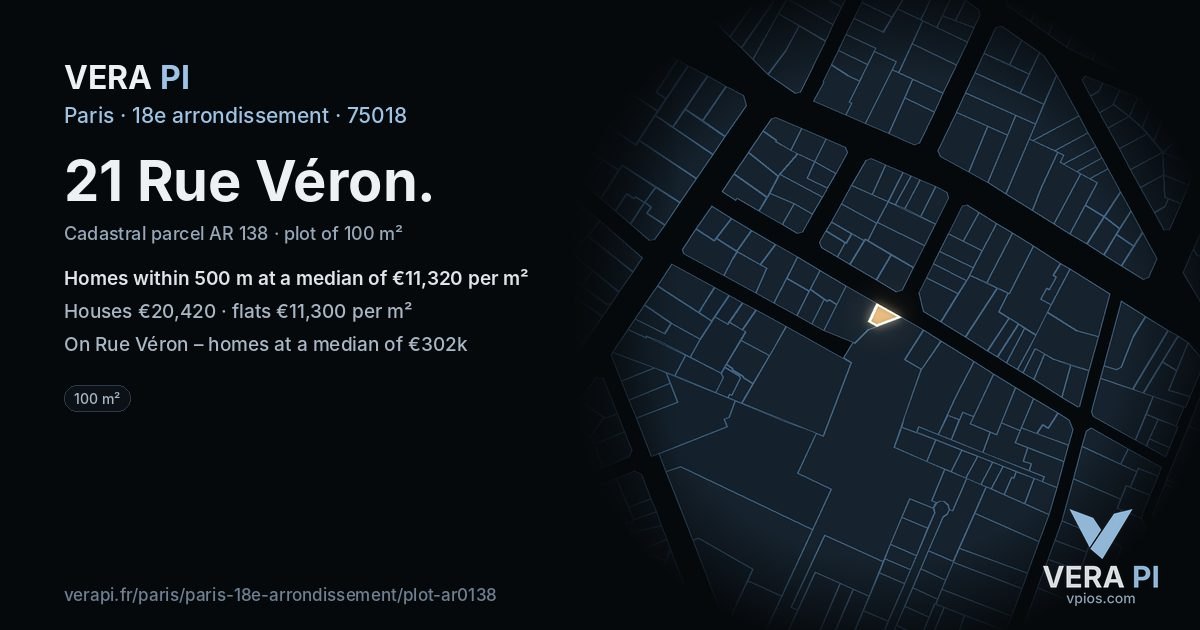 21 Rue Véron, 18e arrondissement at night – the plot lit, the parcels around coloured by the prices near them