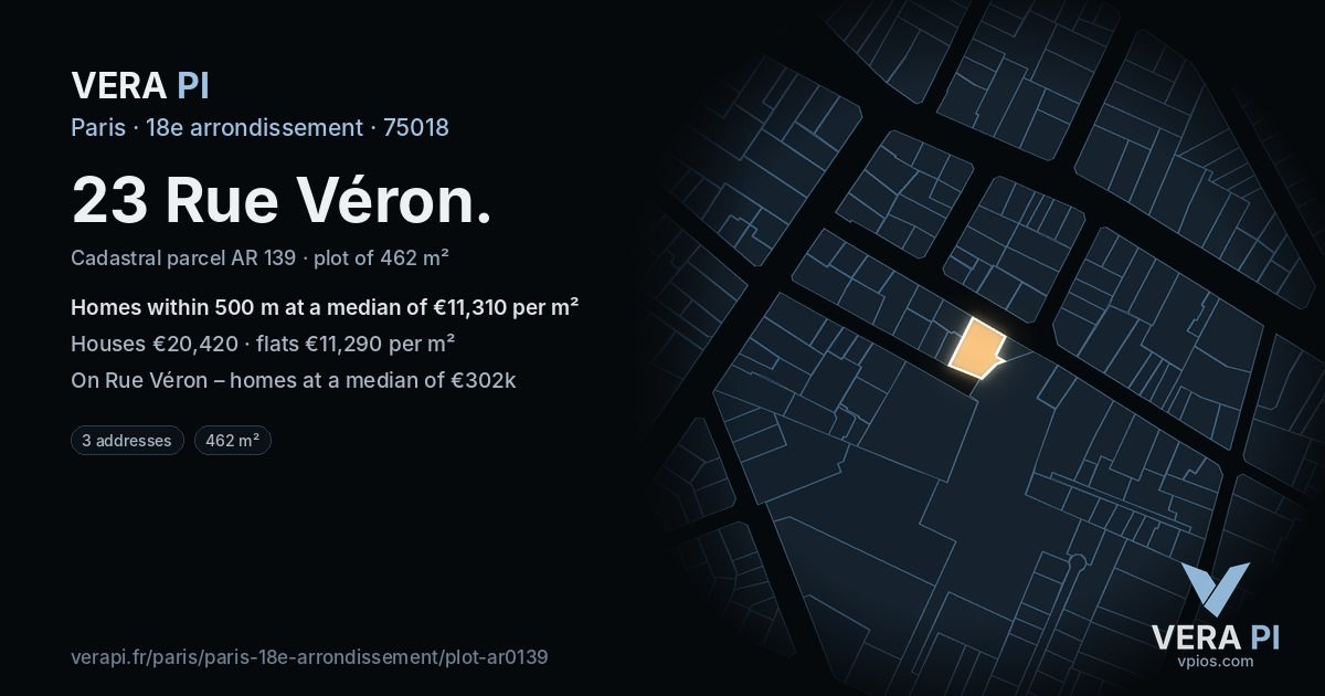 23 Rue Véron, 18e arrondissement at night – the plot lit, the parcels around coloured by the prices near them