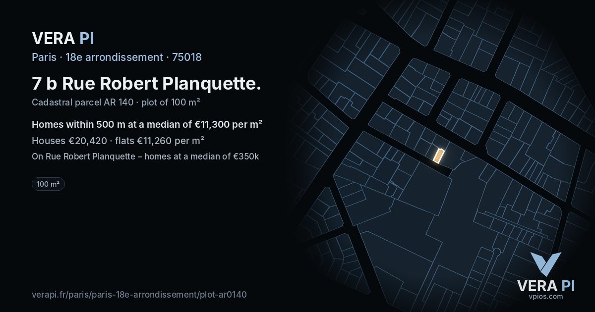 7 b Rue Robert Planquette, 18e arrondissement at night – the plot lit, the parcels around coloured by the prices near them