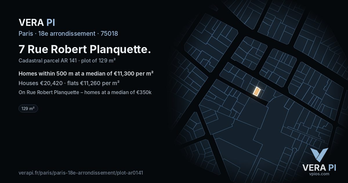 7 Rue Robert Planquette, 18e arrondissement at night – the plot lit, the parcels around coloured by the prices near them