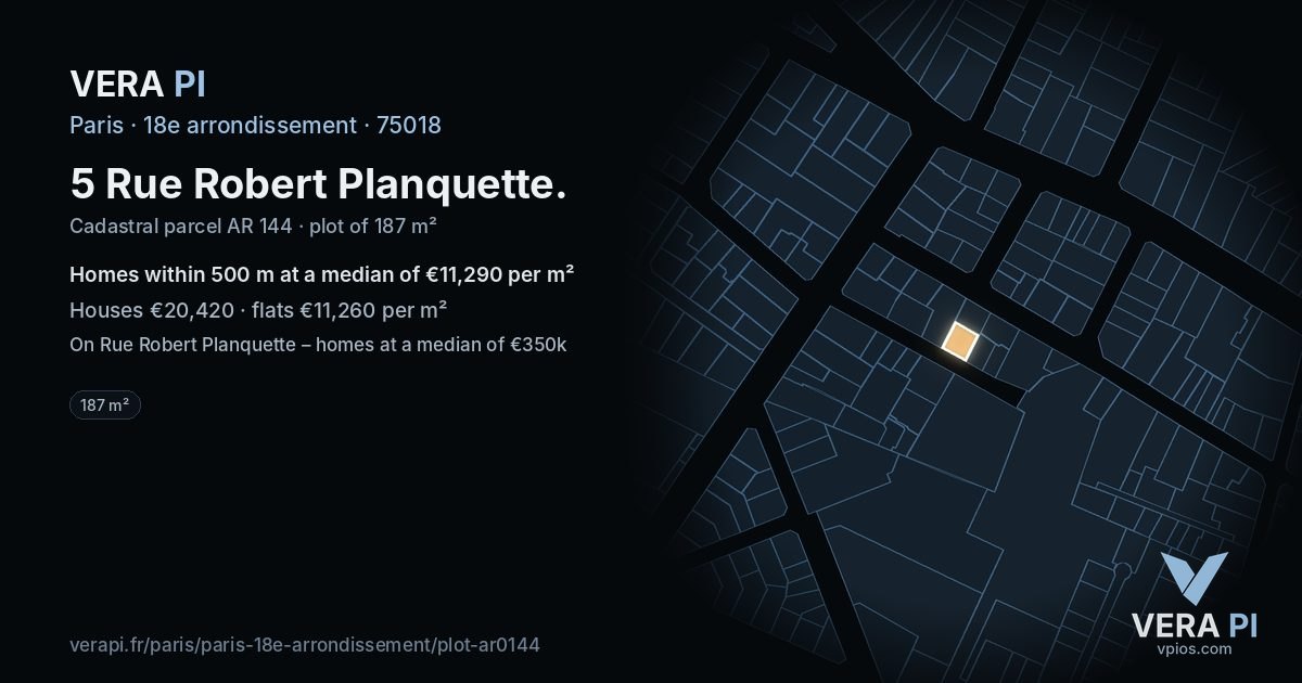 5 Rue Robert Planquette, 18e arrondissement at night – the plot lit, the parcels around coloured by the prices near them