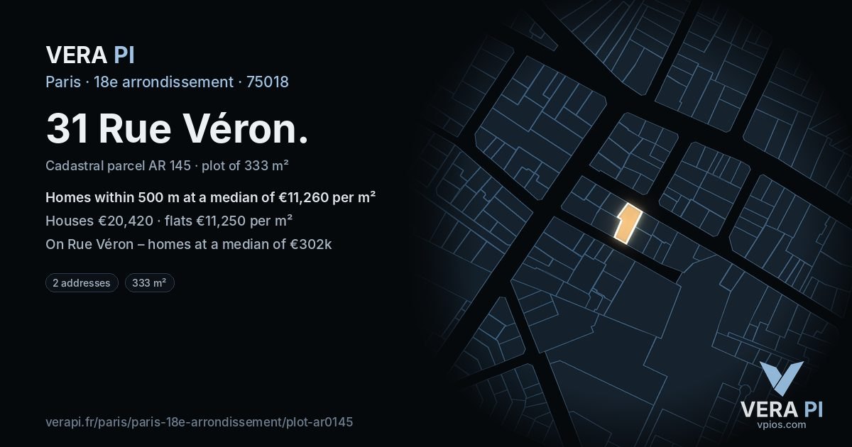 31 Rue Véron, 18e arrondissement at night – the plot lit, the parcels around coloured by the prices near them