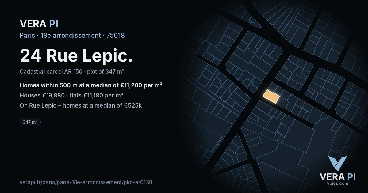 24 Rue Lepic, 18e arrondissement at night – the plot lit, the parcels around coloured by the prices near them