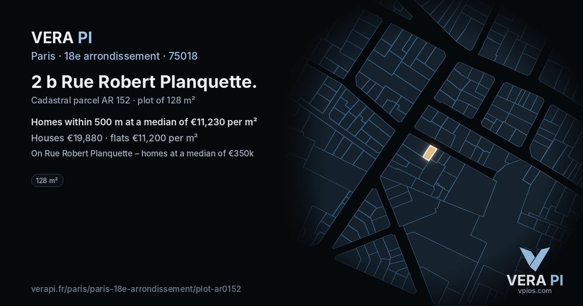2 b Rue Robert Planquette, 18e arrondissement at night – the plot lit, the parcels around coloured by the prices near them