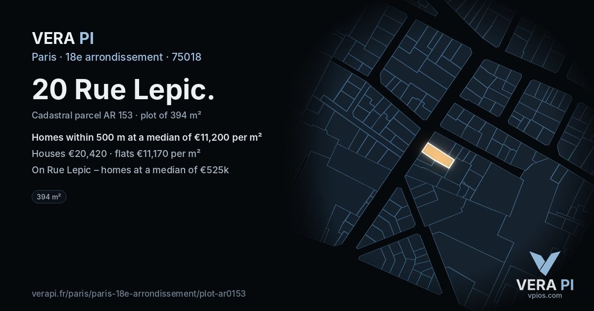 20 Rue Lepic, 18e arrondissement at night – the plot lit, the parcels around coloured by the prices near them