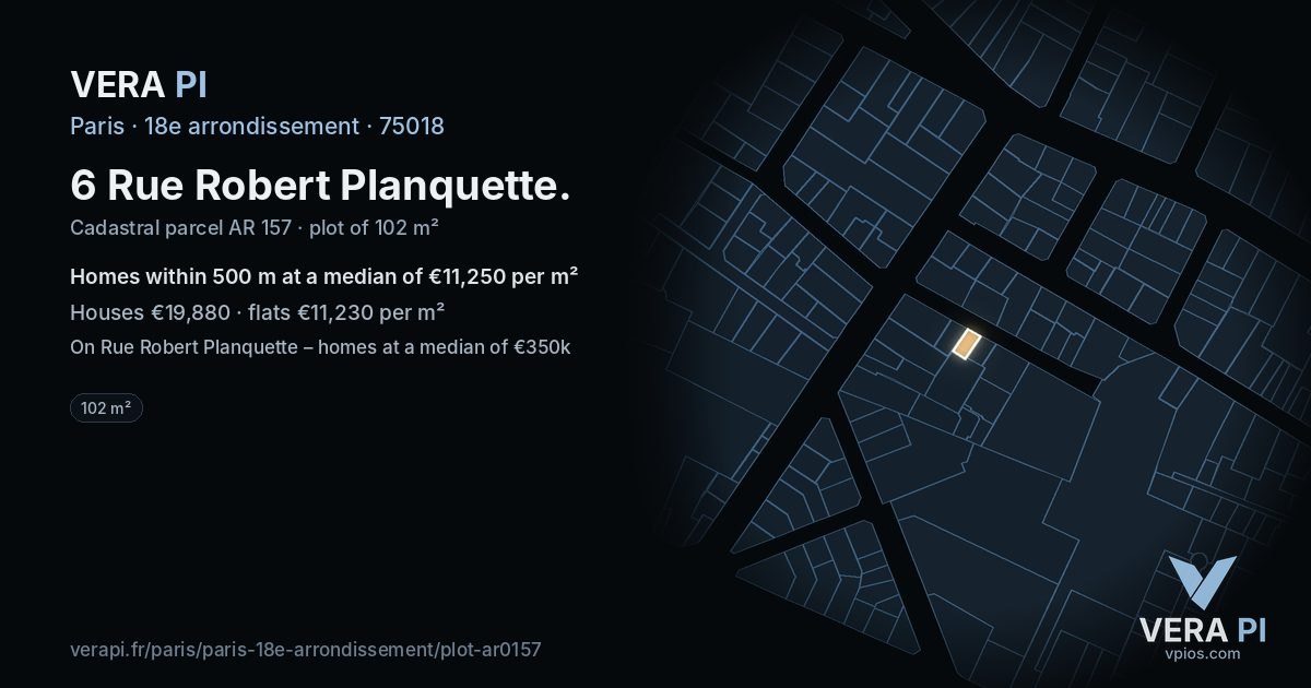 6 Rue Robert Planquette, 18e arrondissement at night – the plot lit, the parcels around coloured by the prices near them