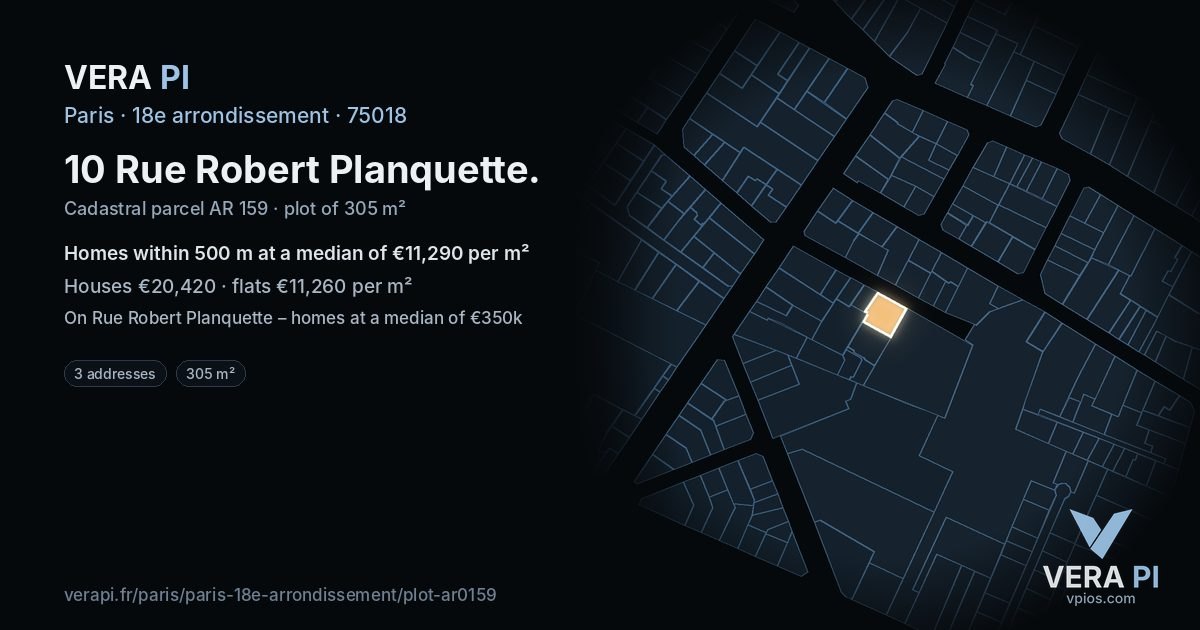 10 Rue Robert Planquette, 18e arrondissement at night – the plot lit, the parcels around coloured by the prices near them
