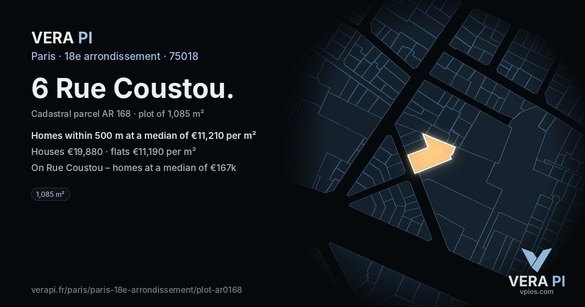 6 Rue Coustou, 18e arrondissement at night – the plot lit, the parcels around coloured by the prices near them