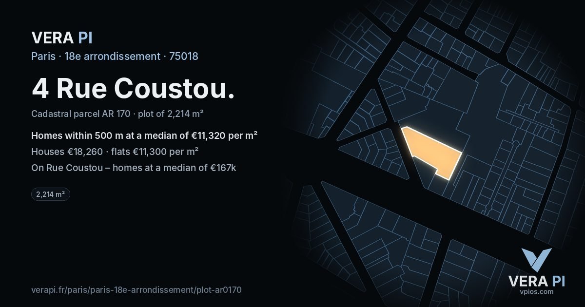 4 Rue Coustou, 18e arrondissement at night – the plot lit, the parcels around coloured by the prices near them