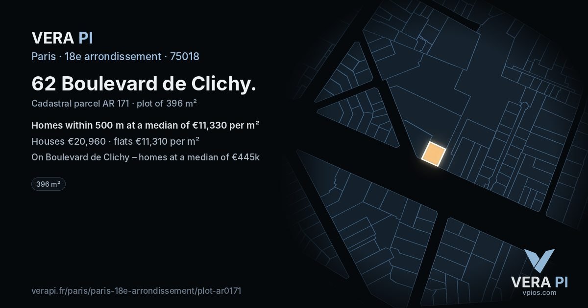 62 Boulevard de Clichy, 18e arrondissement at night – the plot lit, the parcels around coloured by the prices near them