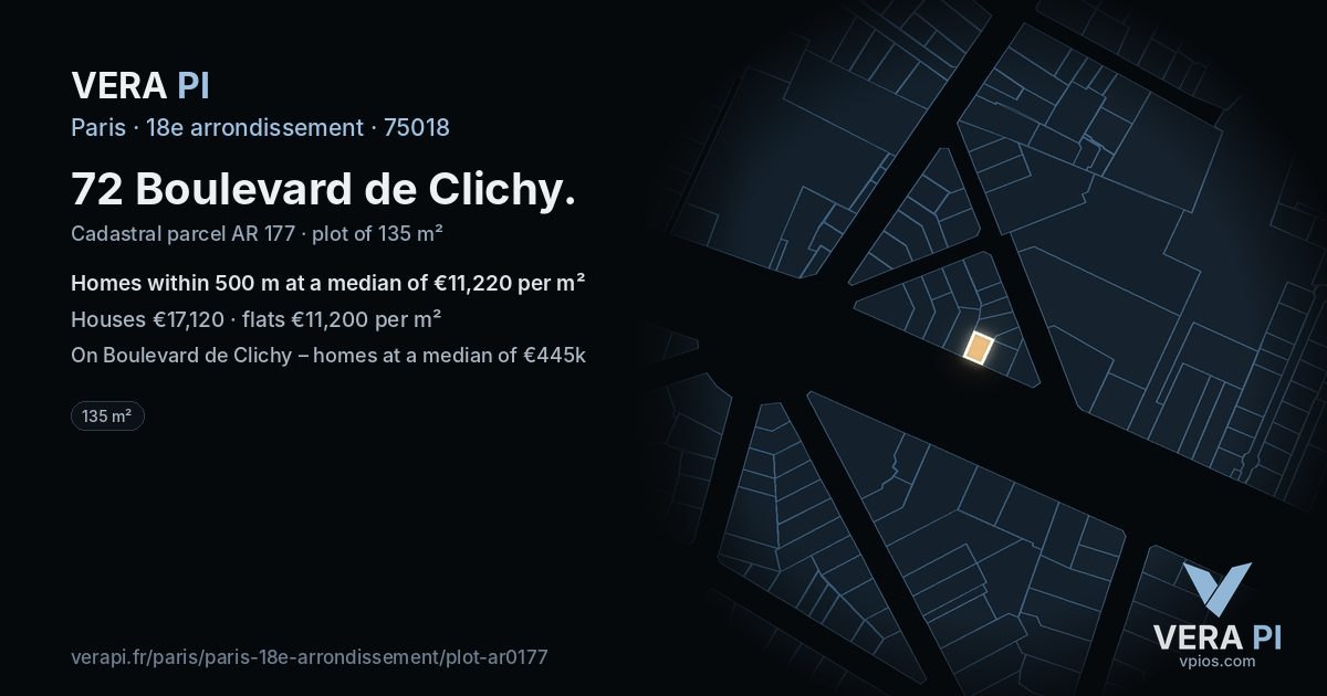 72 Boulevard de Clichy, 18e arrondissement at night – the plot lit, the parcels around coloured by the prices near them