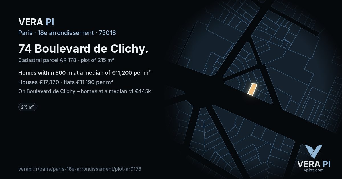 74 Boulevard de Clichy, 18e arrondissement at night – the plot lit, the parcels around coloured by the prices near them
