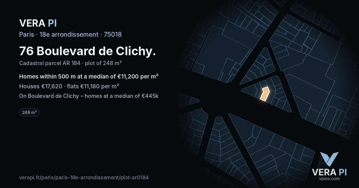 76 Boulevard de Clichy, 18e arrondissement at night – the plot lit, the parcels around coloured by the prices near them