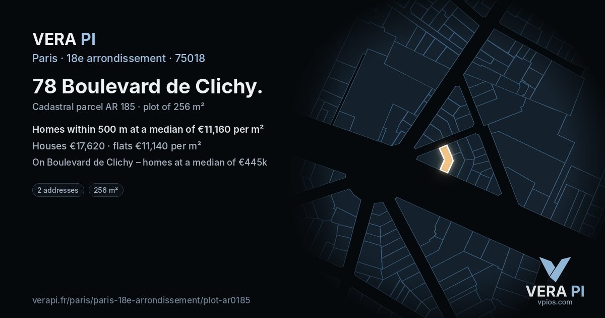 78 Boulevard de Clichy, 18e arrondissement at night – the plot lit, the parcels around coloured by the prices near them