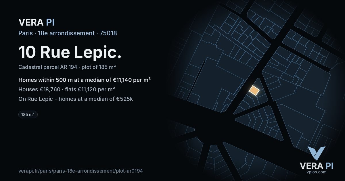 10 Rue Lepic, 18e arrondissement at night – the plot lit, the parcels around coloured by the prices near them