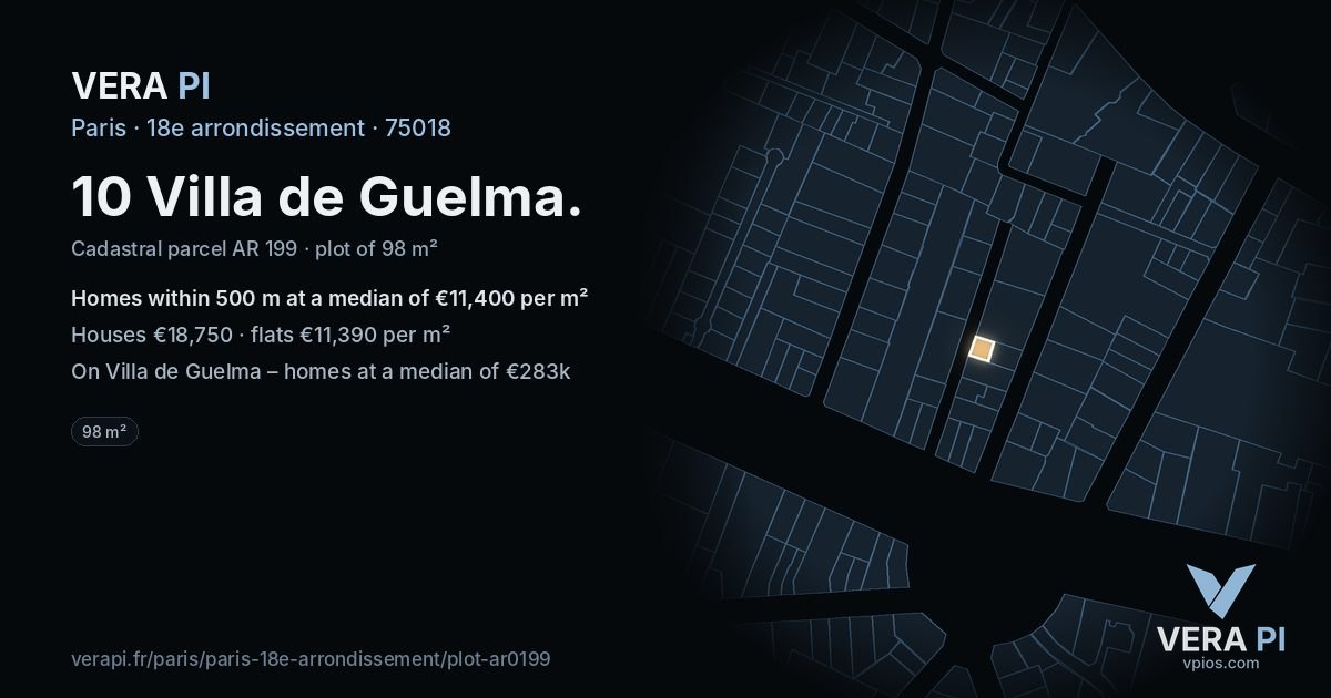 10 Villa de Guelma, 18e arrondissement at night – the plot lit, the parcels around coloured by the prices near them