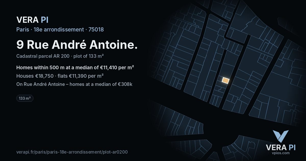 9 Rue André Antoine, 18e arrondissement at night – the plot lit, the parcels around coloured by the prices near them