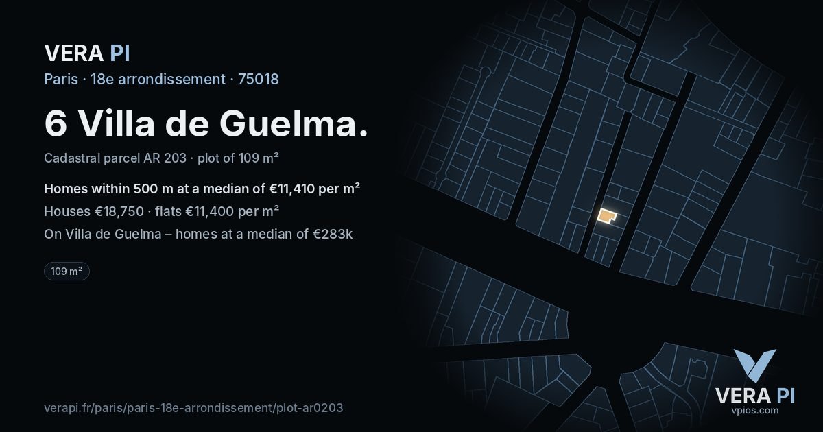 6 Villa de Guelma, 18e arrondissement at night – the plot lit, the parcels around coloured by the prices near them