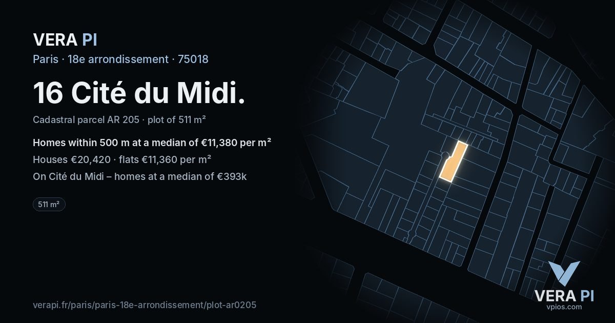 16 Cité du Midi, 18e arrondissement at night – the plot lit, the parcels around coloured by the prices near them